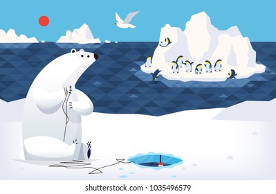 Weißer Bär auf Nordpol, der Fische auf Eis fängt. Während ein Haufen Pinguine tanzt auf dem Hintergrund Eisberg. Vektorgrafik