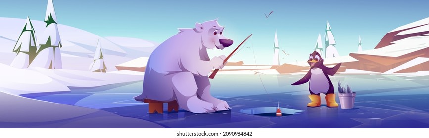 White bear and penguin fishing, cute wild animals characters sitting on ice floe near hole catching fish with rods then put in bucket. Fairy tale book or game personages, Cartoon vector illustration