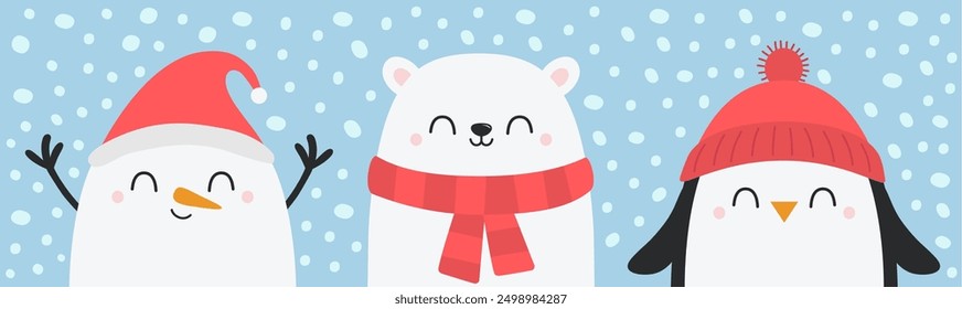 White bear, penguin, snowman head face. Red hat, scarf. Merry Christmas. Happy New Year. Cute cartoon kawaii funny baby character. Arctic animal. Flat design. Hello winter. Blue snow background Vector