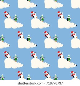 White bear and penguins pattern on the blue background. Vector illustration