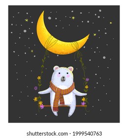White bear playing swing on half moon character vector illustration.