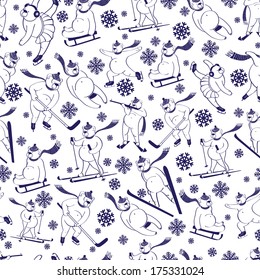 White bear plays a winter sport : sprint,Luge,skis,sledges,ice hockey,ski jumping,figure skating,biathlon. Seamless vector pattern or background