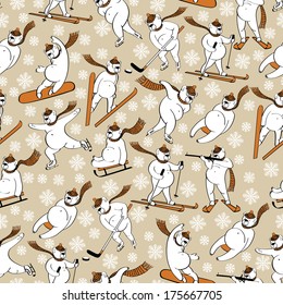 White bear plays a winter sport : sprint,Luge,skis,sledges,ice hockey,ski jumping,figure skating,biathlon,skateboard. Seamless pattern, background,packaging,Wallpaper,tissue,background.Humorous