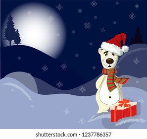 White bear with present. Winter time. Vector illustration.