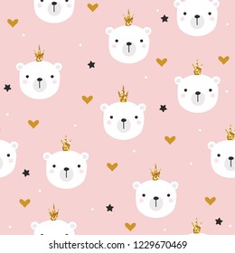 White Bear Princess With Glitter Crown Seamless Pattern. Cute Kids Print. Vector Hand Drawn Illustration.