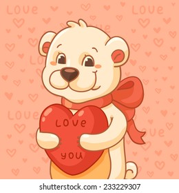 White bear with red bow and heart on pink background