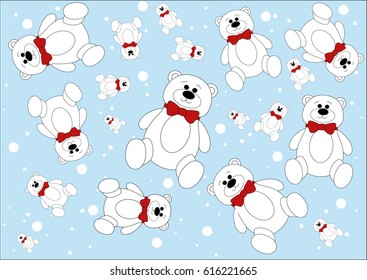 White bear with red bow on lihgt blue background.