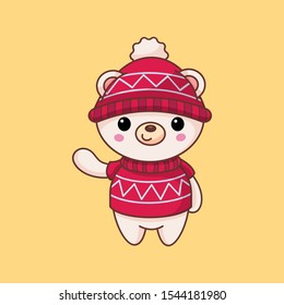 White bear in a red hat and sweater. New Year cartoon character. Flat style. Vector illustration.