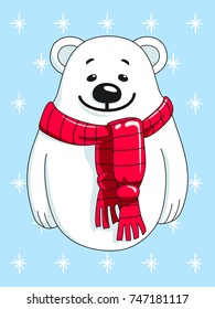 White bear with a red scarf on the background of snowflakes