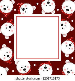 White Bear with Red Scarf Polka Dot on Red Banner Card. Vector Illustration.