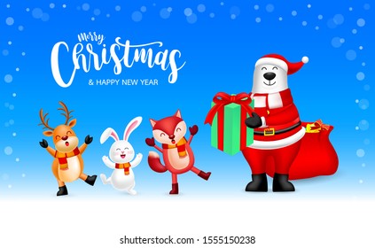 White bear Bear in Santa Claus suit holding Christmas Gift box to little fox, rabbit and reindeer. Merry Christmas and happy new year. Vector Iillustration on blue background. 