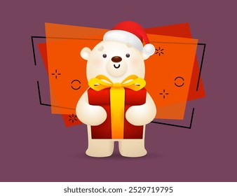 White bear in Santa hat holding Christmas present. Cartoon animal on abstract background. Can be used for topics like celebration, gift, holiday