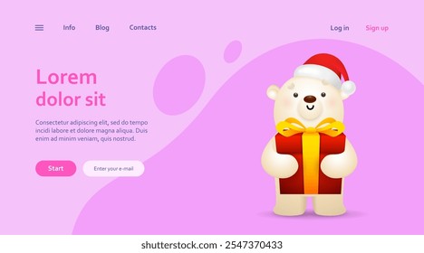 White bear in Santa hat holding Christmas present. Cartoon animal for landng page template. Can be used for topics like celebration, gift, holiday