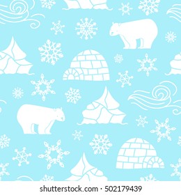 White bear seamless pattern with snowflakes white and blue