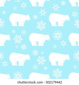White bear seamless pattern with snowflakes white and blue