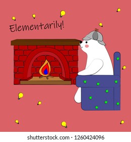 white bear sitting by the fireplace
