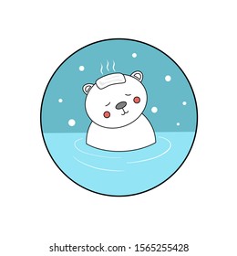 White bear soaked in hot water. The background is a blue with a circle. Snow in the picture