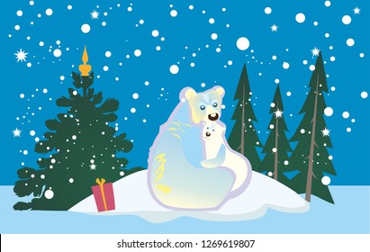 
White bear with a teddy bear in the New Year, in the winter fairy forest.