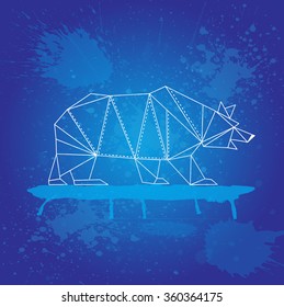 White bear from triangles outline strokes on blue background and watercolor splashes