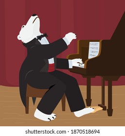 White Bear In Tuxedo And Bow Tie Playing The Piano On The Stage Cartoon Vector Illustration. Animal Character Design.