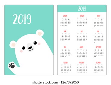 White bear waving hand paw print. Simple pocket calendar layout 2019 new year. Week starts Sunday. Cartoon character. Vertical orientation. Flat design. Blue background. Vector illustration