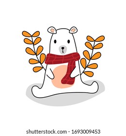 A white bear wearing a red scarf.Vector illustration.