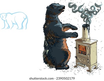 A white bearall grey because of soot standing near the potbelly stove warming paws	