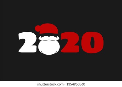 White Beard man with red santa claus hat and numbers 2020. Merry Christmas and Happy New Year celebration card, poster or banner template. Vector illustration of chinese new year of the rat