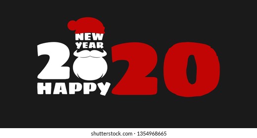 White Beard man with red santa claus hat and numbers 2020. Merry Christmas and Happy New Year celebration card, poster or banner template. vector illustration