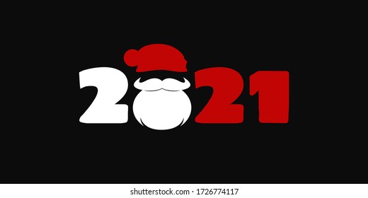 White Beard man with red santa claus hat and numbers 2021. Merry Christmas and Happy New Year celebration card, poster or banner template. Vector illustration of chinese new year of the ox, bull
