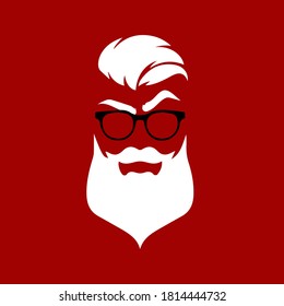 White beard, moustache and eye brows silhouette of male face with glasses, doodle for barber shop logo, fashion for men icon, red background