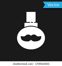 White Beard and mustaches care oil bottle icon isolated on black background. Glass bottle with pipette. Vector Illustration