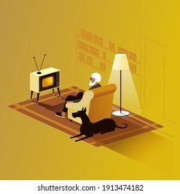 White bearded old man with dog watching TV. Isometric vector illustration.