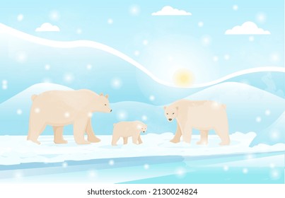 White bears and cub bear walks through snow. Cute Arctic animals in their usual habitat. Parents and little child. Wildlife, snowfall and icebergs. Cartoon contemporary flat vector illustration