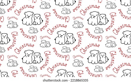 White bears family seamless pattern. Red Christmas text. Vector image. Stylish design for packaging, paper, covers, textiles.