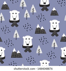 White bears seamless pattern vector happy cute teddy in the forest between mountains and trees. Creative scandinavian style kids texture for fabric, textile, pyjamas, apparel.