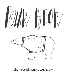 White bears wear wool pullover . Polar bears inskription. Nordic bear in warm pullover. Scandinavian design. Outline white bear.