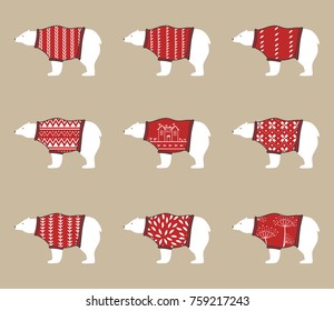 White bears wear wool red sweaters. Polar bears set. Nordic bears in ornamental warm sweaters. Scandinavian design.