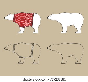 White bears wear wool red sweaters. Polar bears set. Nordic bear in ornamental warm sweaters Scandinavian design. Outline white bear.