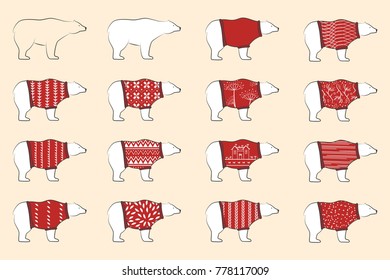 White bears wear wool red pollovers. Polar bears set. Scandinavian design.