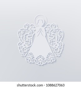 White beautiful angel with ornamental wings and halo on a light background. Outline decor with shadow. Greeting card in paper cut style, advertising, discount, poster for holidays, carving.