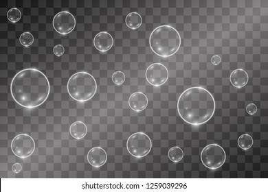 
White beautiful bubbles on a transparent background vector illustration. Soap bubbles.