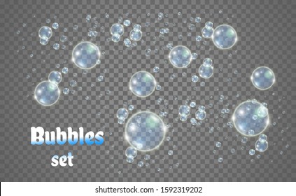 White beautiful bubbles on a transparent background vector illustration. Soap bubbles.