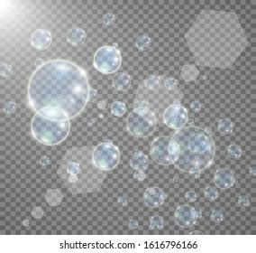 White beautiful bubbles on a transparent background vector illustration. Soap bubbles.