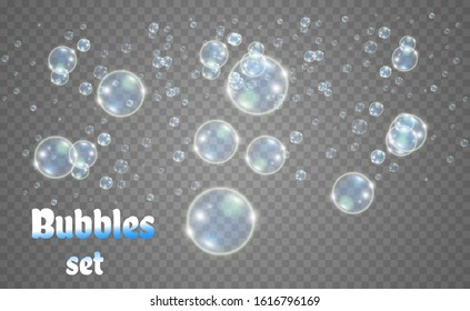 White beautiful bubbles on a transparent background vector illustration. Soap bubbles.