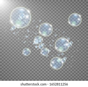 Weiße schöne Blasen auf transparentem Hintergrund Vektorillustration Illustration. Seifenblasen.
