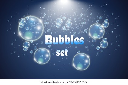 White beautiful bubbles on a transparent background vector illustration. Soap bubbles.