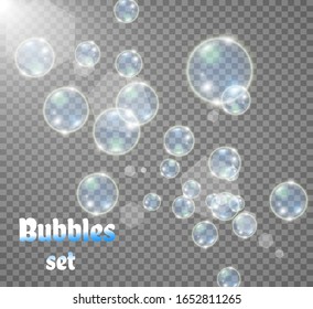 Bichos blancos hermosos en una ilustración transparente de fondo vectorial. Burbujas de jabón.