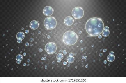 White beautiful bubbles on a transparent background vector illustration. Soap bubbles.