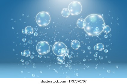 White beautiful bubbles on a transparent background vector illustration. Soap bubbles.